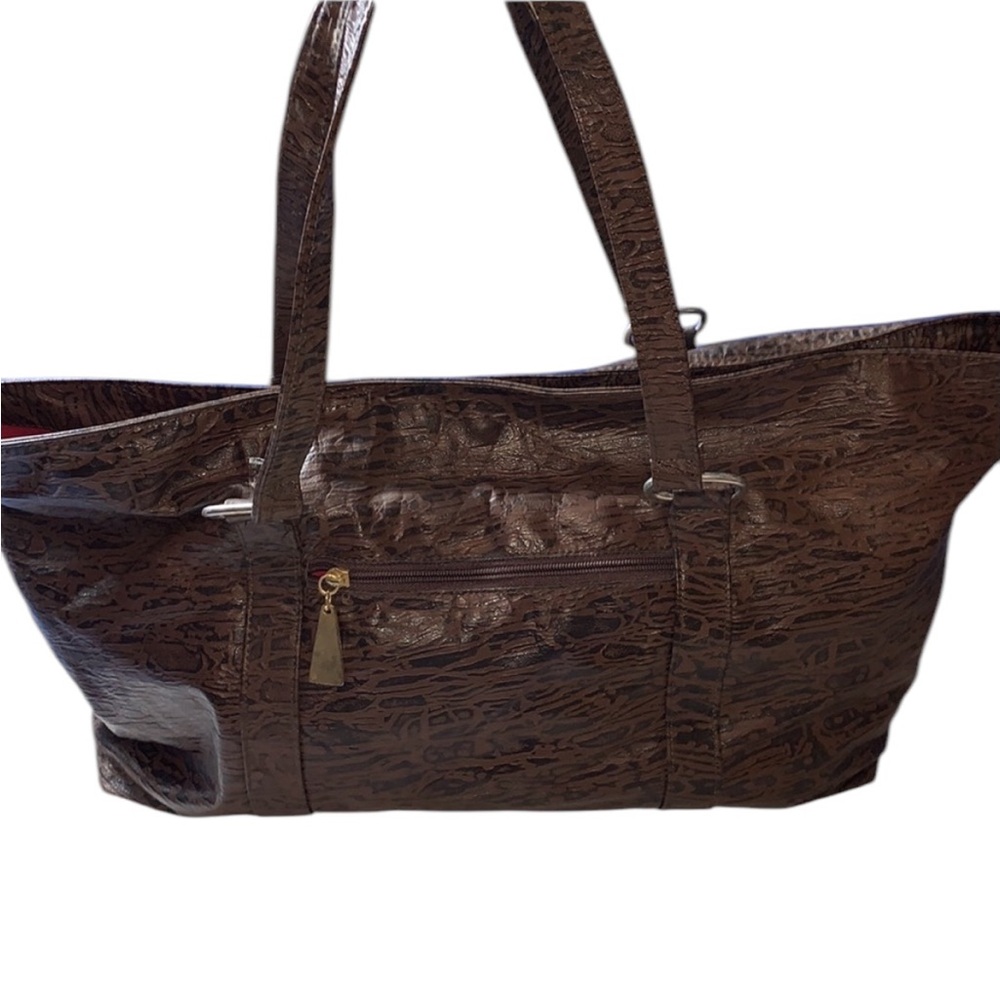 Brown & Black Leather Tote Bag with Red Lining 22” Across 12” H